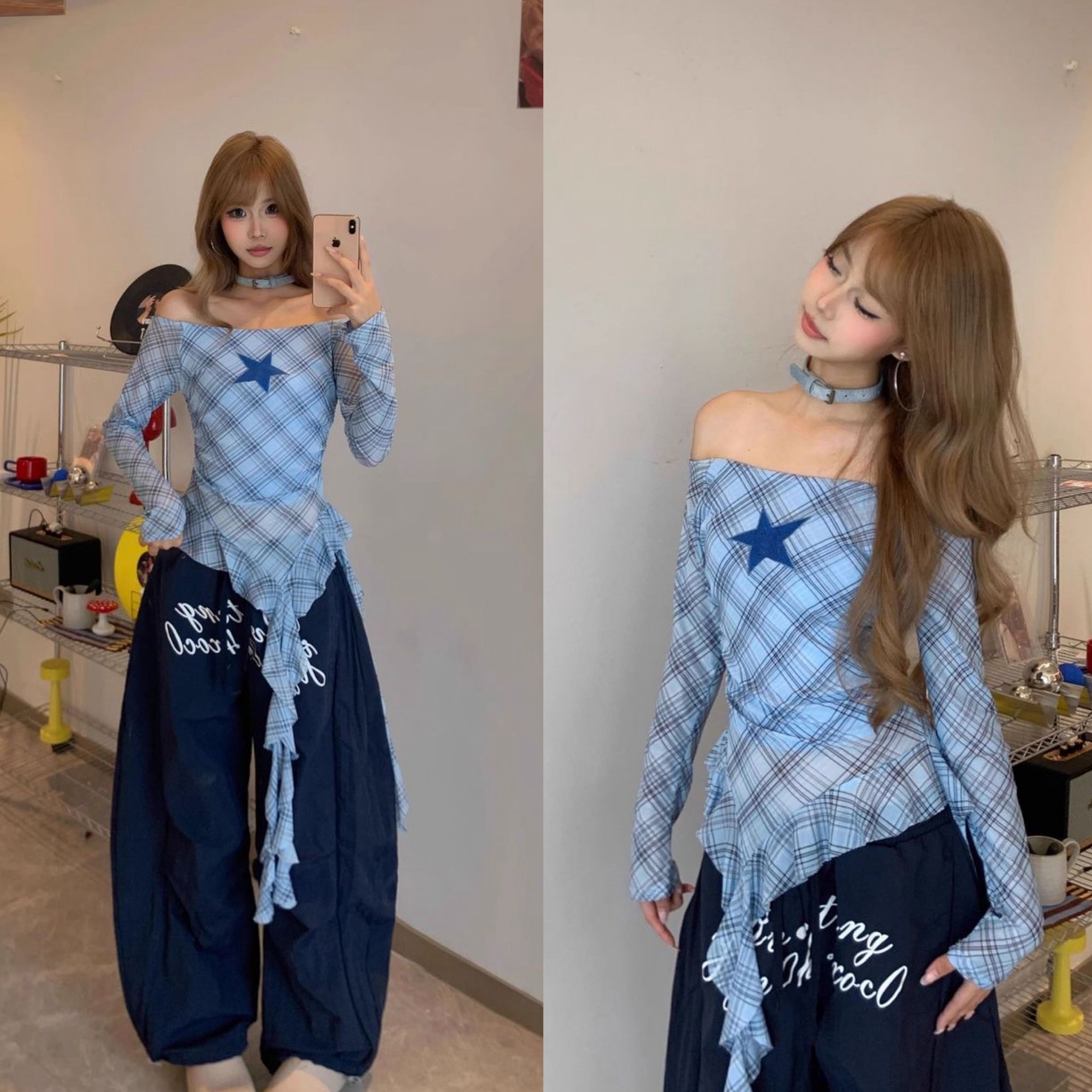 Grid Star Off Shoulder Long Sleeve Mesh Top