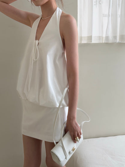 White Round Neck Top + Skort Skirt