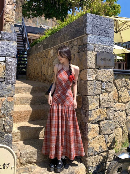 Grid Red Long Dress