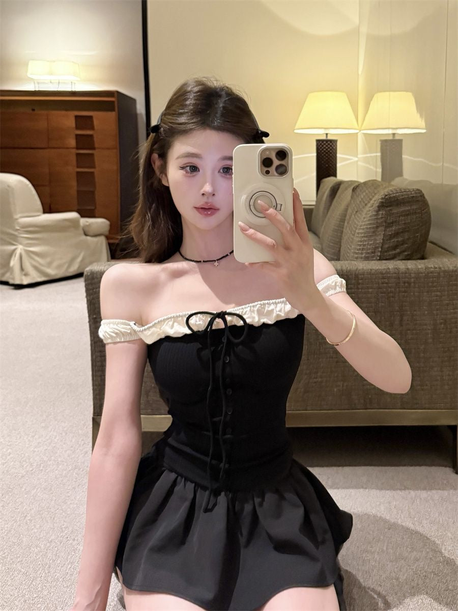 White Mix Black Off Side Shoulder Top
