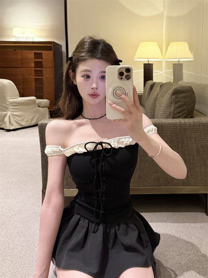 White Mix Black Off Side Shoulder Top