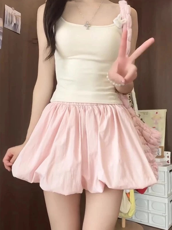 High Waist Lantern Skort Skirt SK12 (Pink, White)