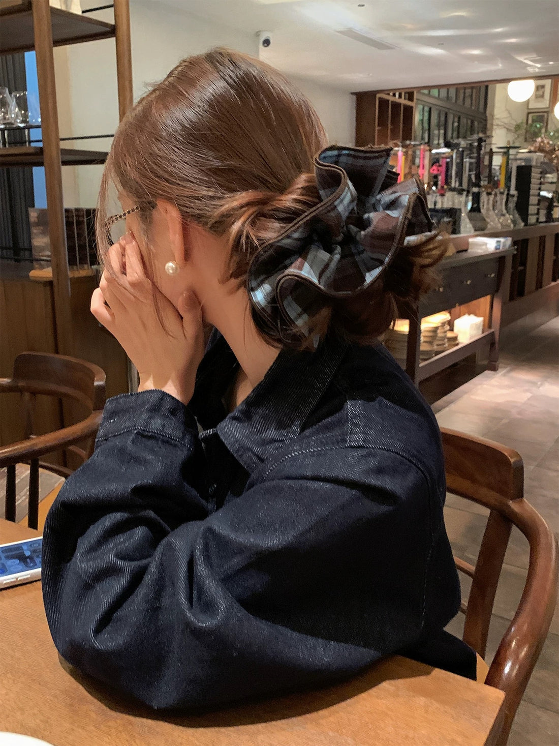 Korean Grid Blue Hair Rubberband