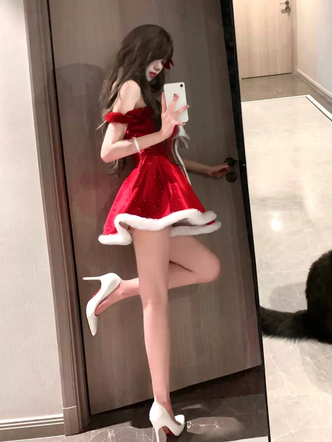 Christmas Off Shoulder Long Sleeve Dress + Collar + Hair Clip Set C006