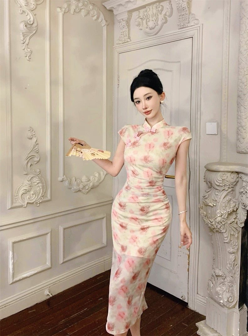 Pink Rose Beige Cheongsam CD020 Long Dress (S)
