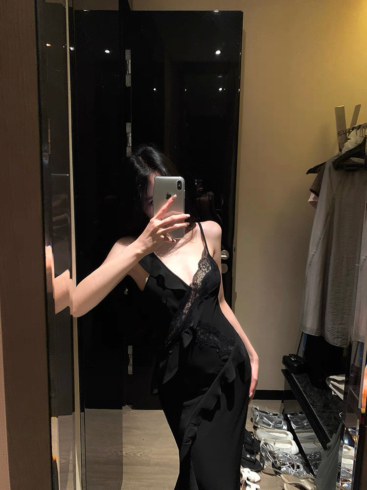 Side Flare Strap Mix Lace Long Dress (Yellow, Black)