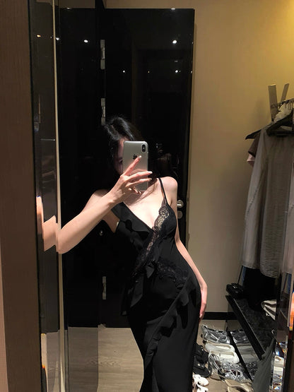 Side Flare Strap Mix Lace Long Dress (Yellow, Black)