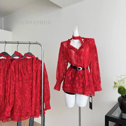 V Collar Lantern Sleeve Thin Top (Black, Red)