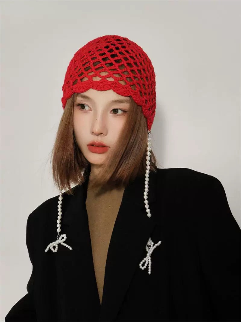 Pearl Ribbon Knitted Embroidery Hat (Red)