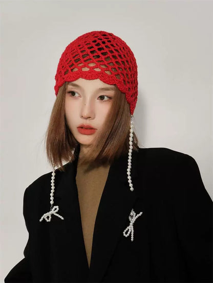 Pearl Ribbon Knitted Embroidery Hat (Red)