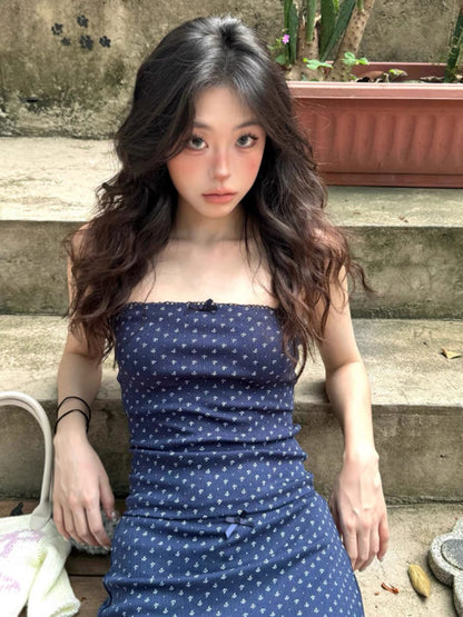 Navy Tube Top + Midi Skirt Two Piece Set