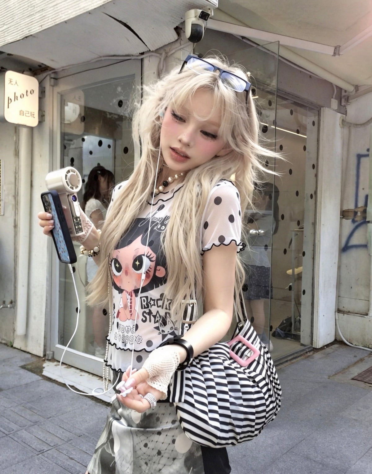 Black Dot White Mesh Top