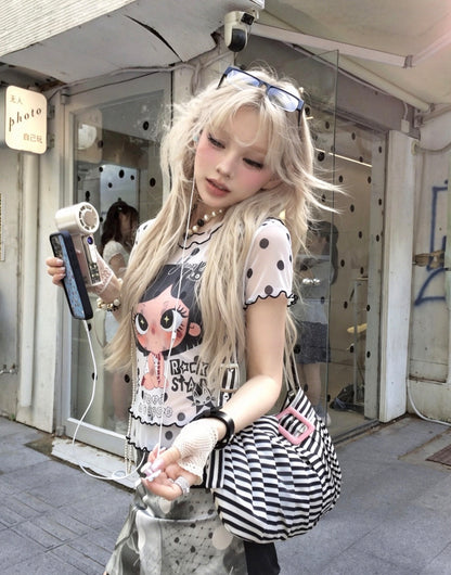 Black Dot White Mesh Top