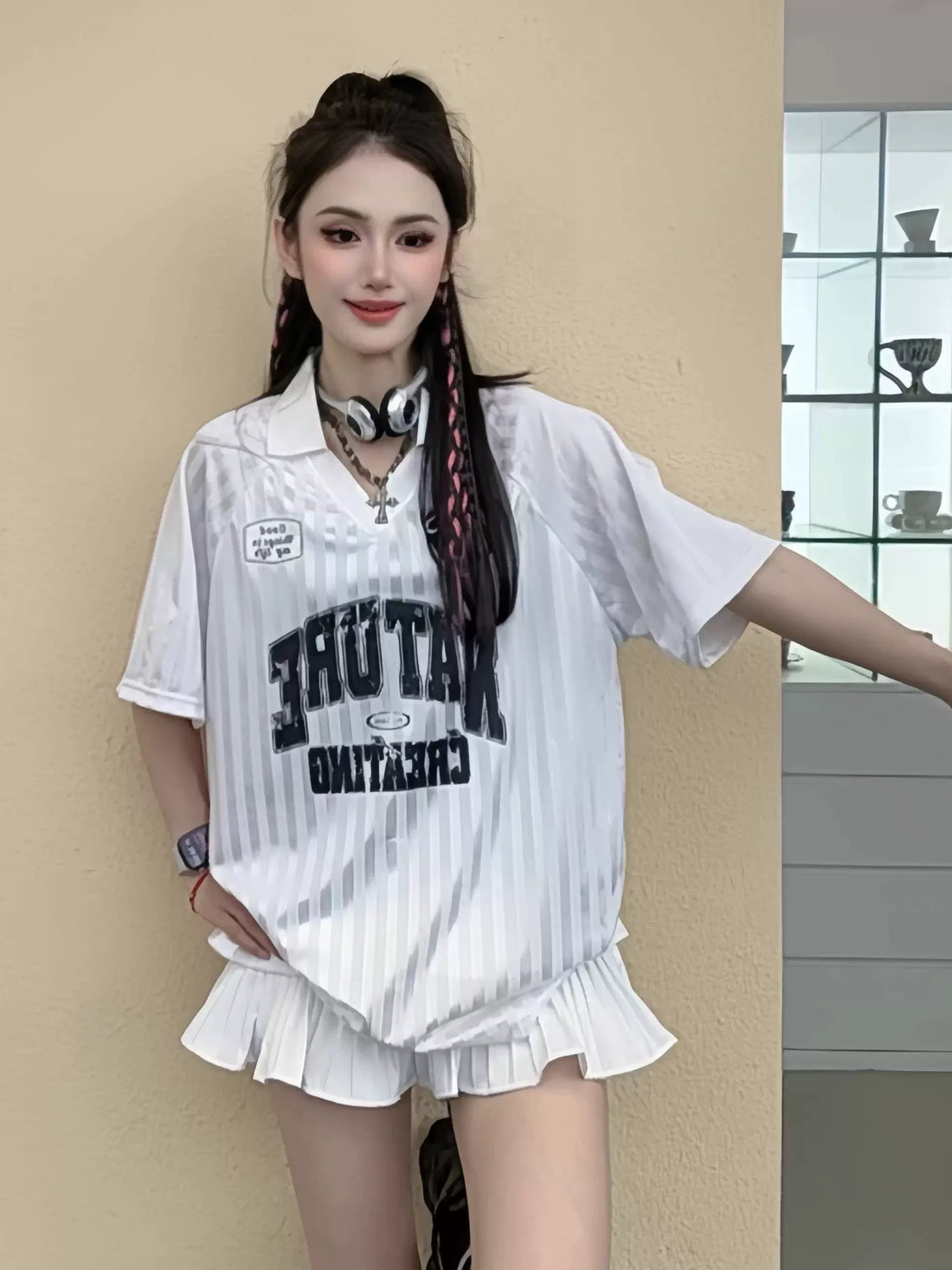 Collar Stripe Ball Tee Top (White, Pink)