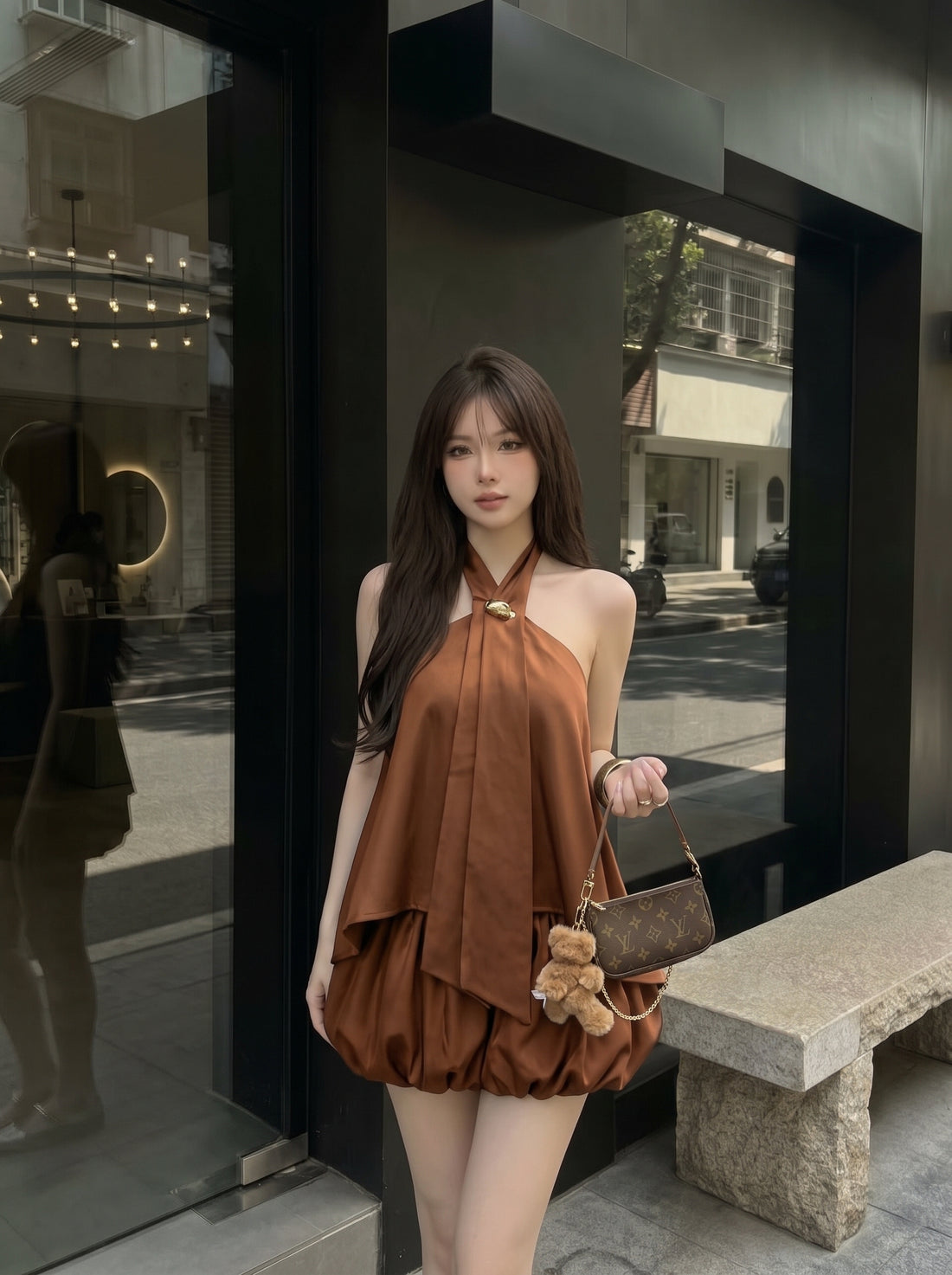 Mix Silk Top + Shorts Two Piece Set (Black, Brown)