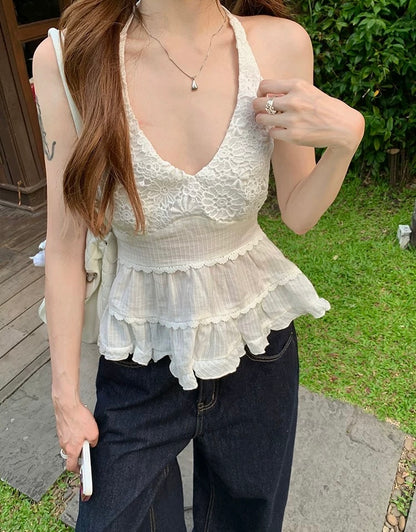 White Deep U collar Round Neck Top