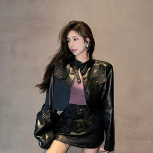 Thin Leather Crop Jacket (Dark Brown)