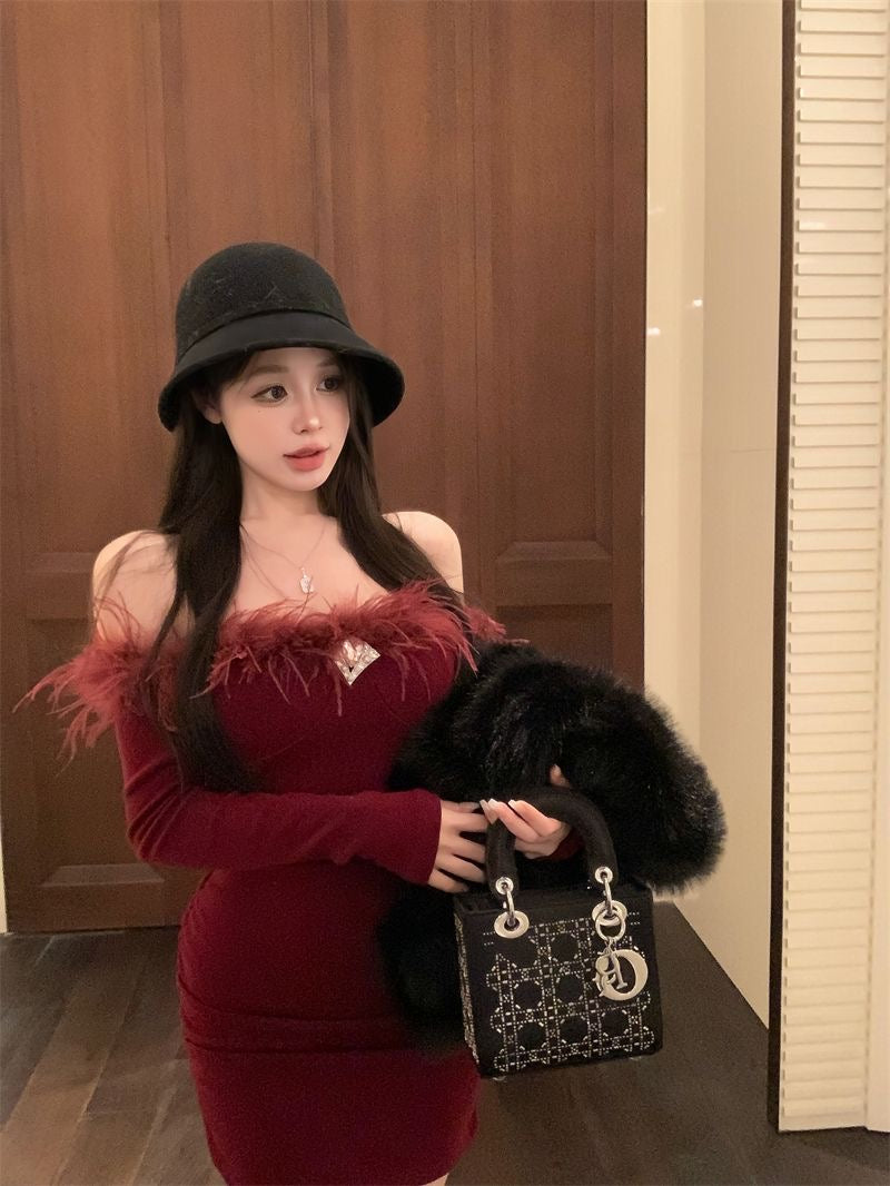 Christmas Off Shoulder Long Sleeve Wine Red Dress C005