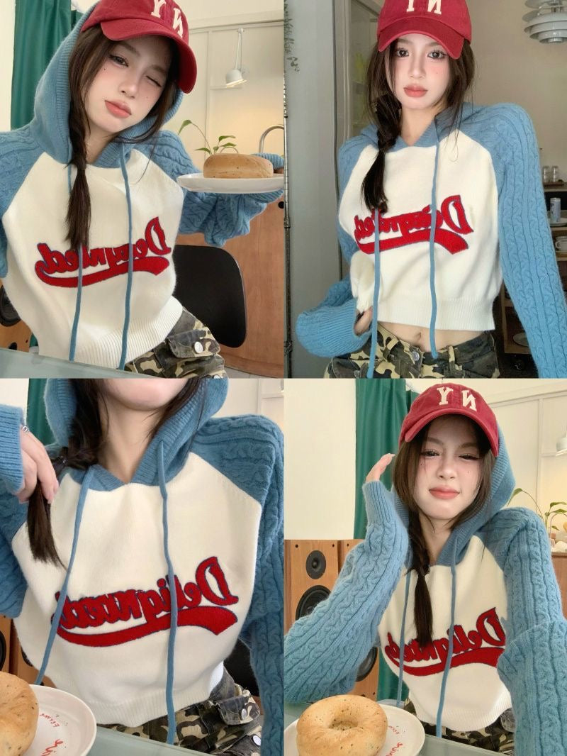 Blue Long Sleeve Knitted Crop Top