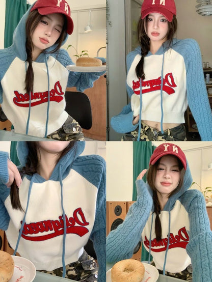 Blue Long Sleeve Knitted Crop Top