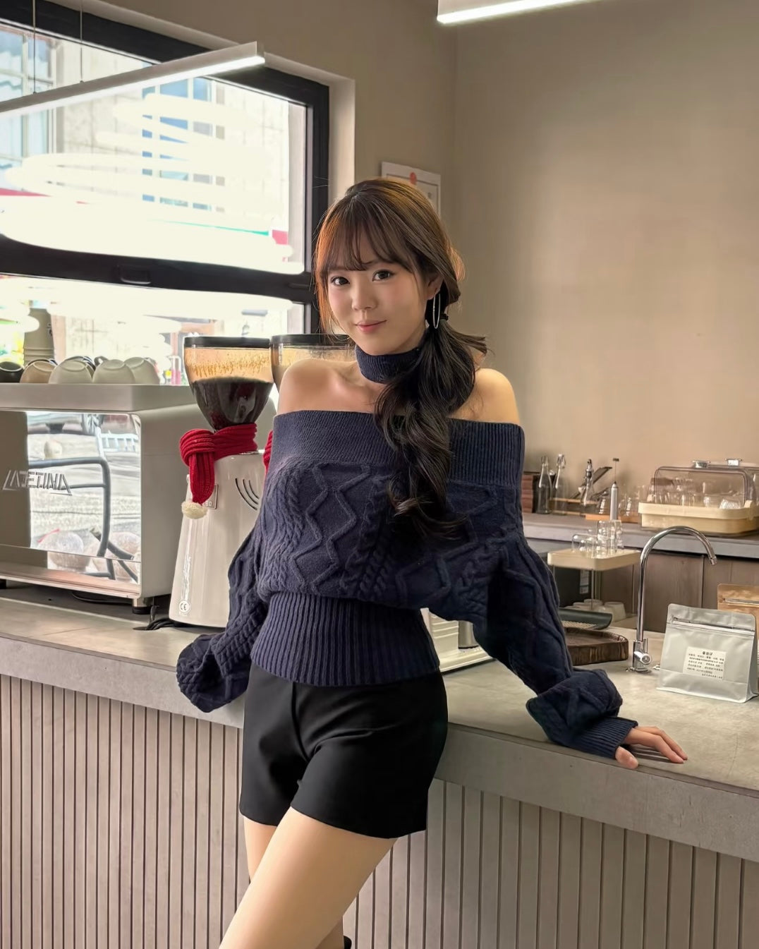 Multi Wear Off Shoulder Long Sleeve Crop Knitted Top With Collar