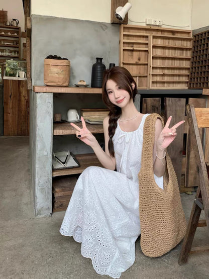 U Collar Embroidery Long Dress (Beige, White)