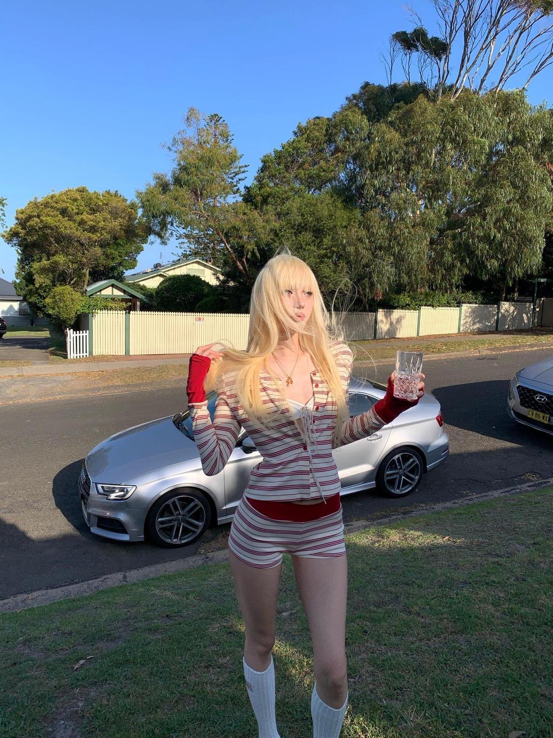 Red Stripe Top + Shorts Two Pieces Set