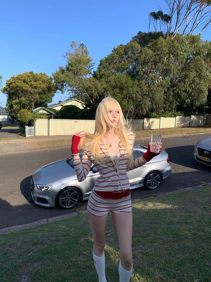 Red Stripe Top + Shorts Two Pieces Set
