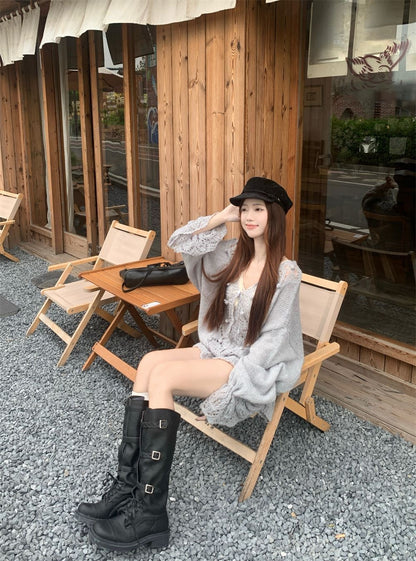 Lantern Sleeve Knitted Cardigan Top