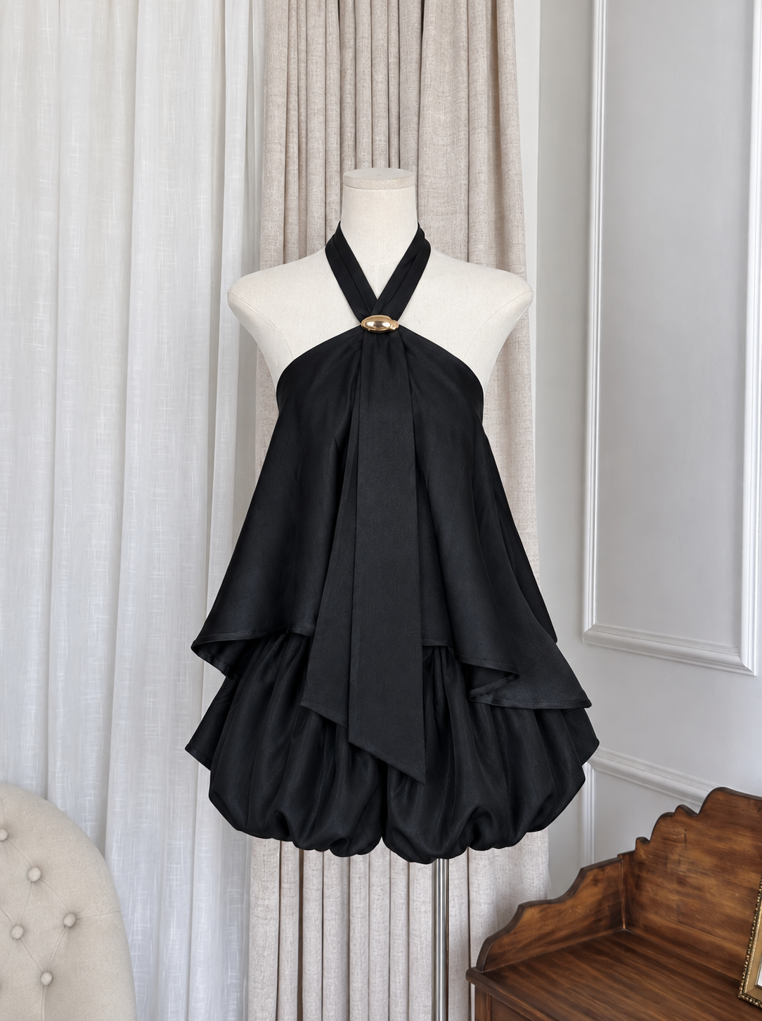Mix Silk Top + Shorts Two Piece Set (Black, Brown)