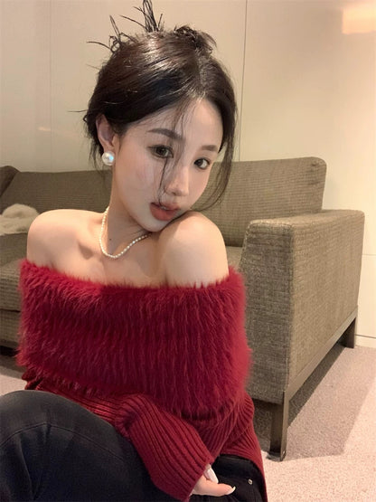 Off Shoulder Long Sleeve Knitted Top (Wine Red)