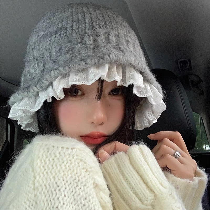 White Lace Mix Knitted Hat