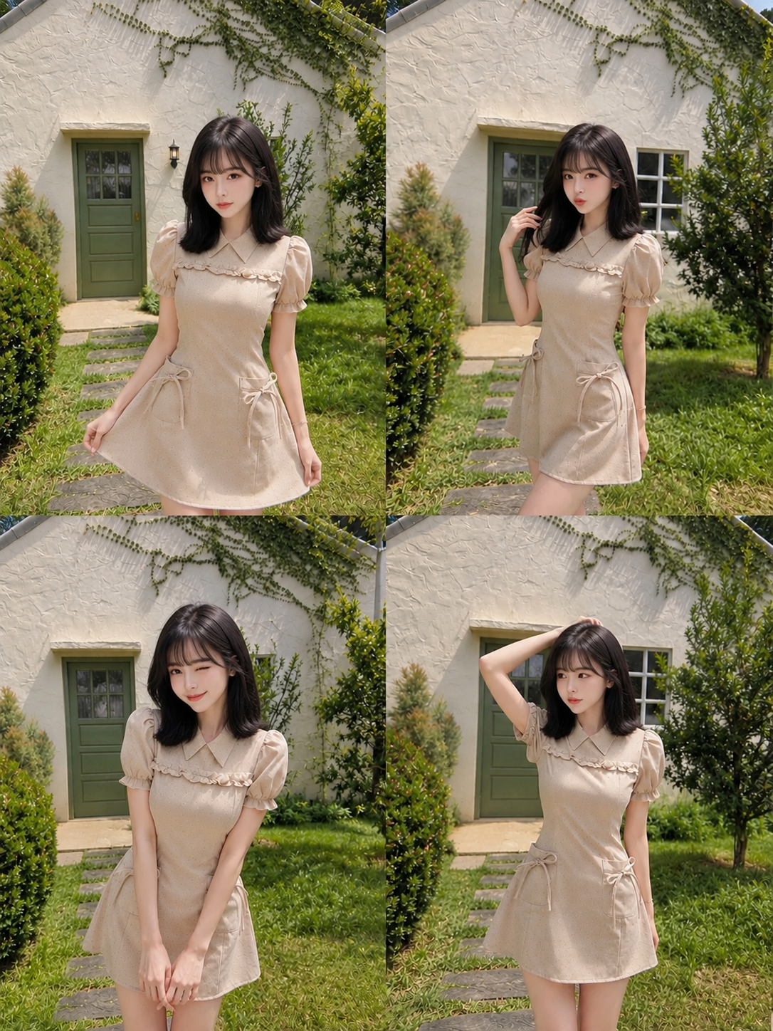 Khaki Puff Sleeve Mini Dot Dress