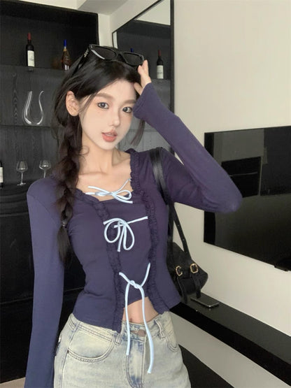 Navy Ribbon Long Sleeve Top