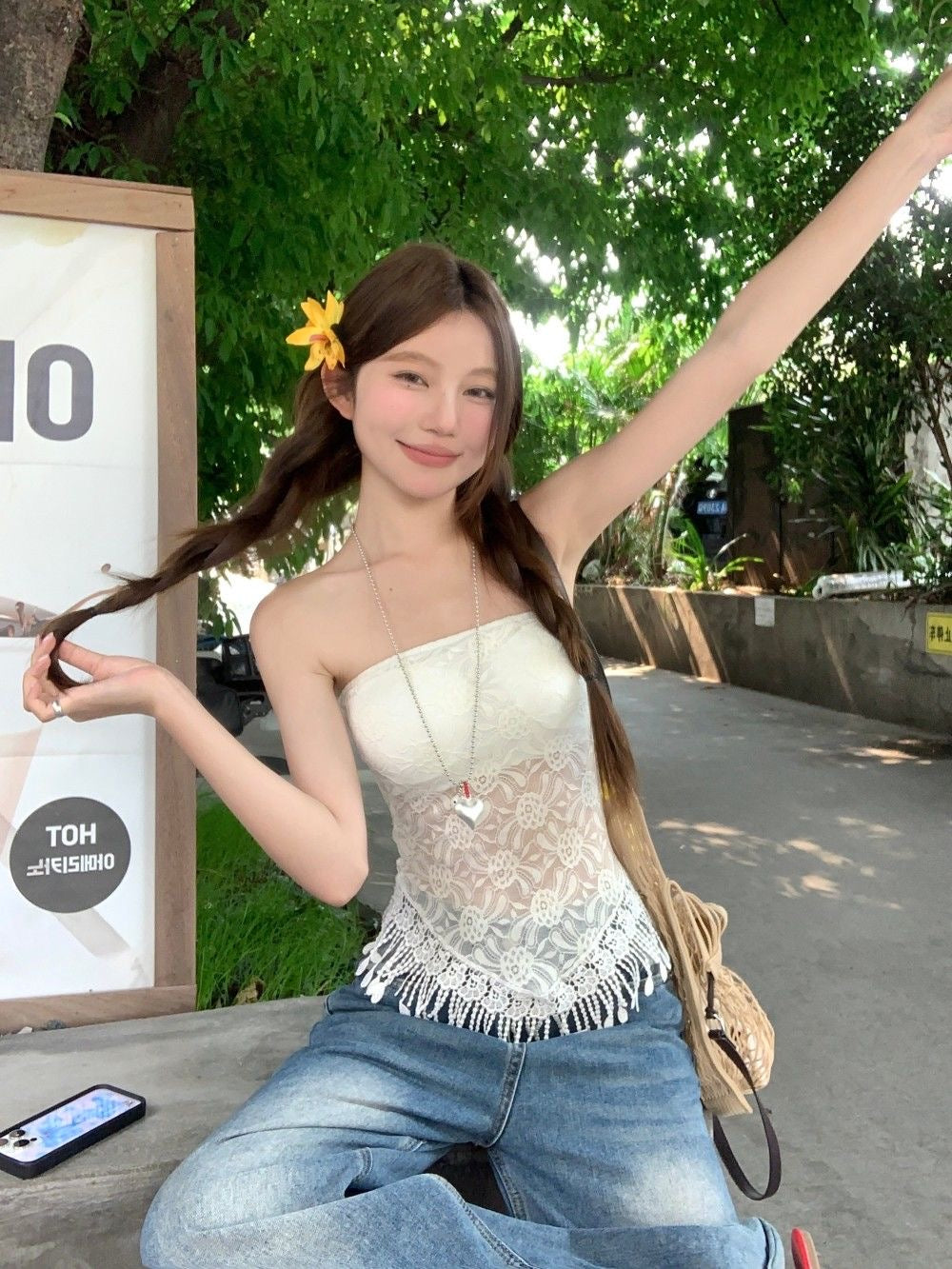 Lacey Tube Top (White, Beige)
