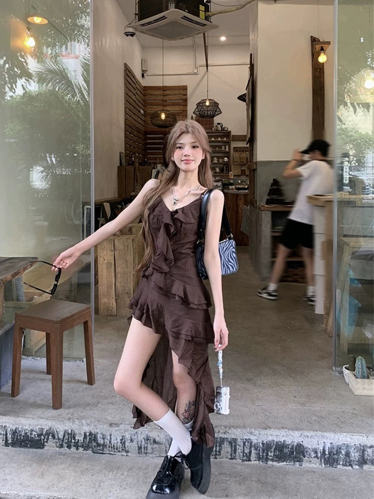 Chocolate Unequal Strap Dress (S)