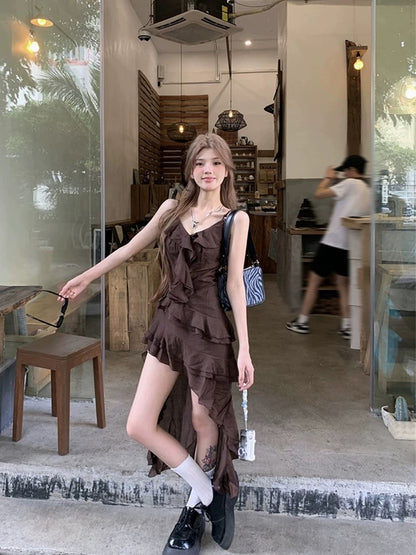 Chocolate Unequal Strap Dress (S)