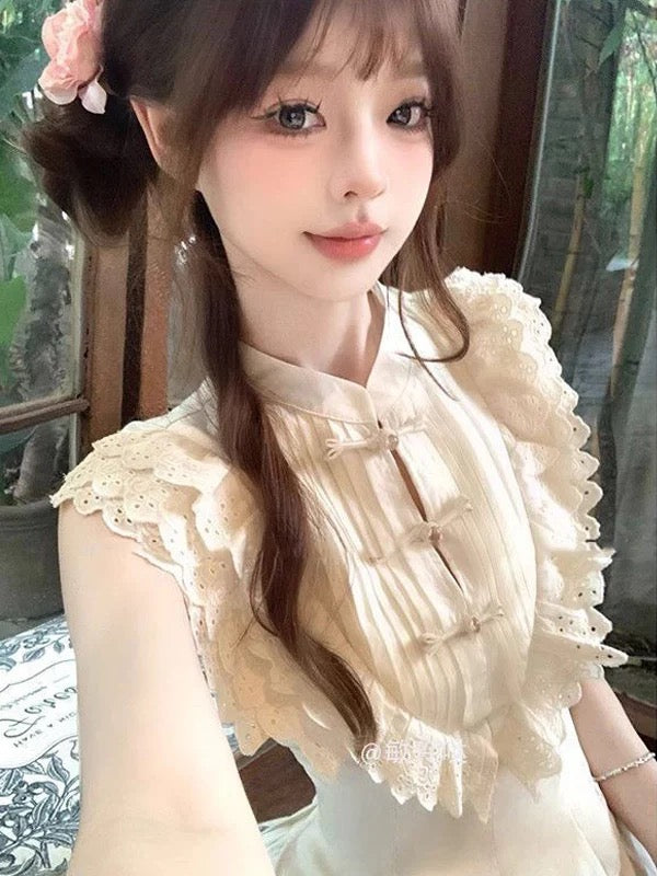 Cream White Cheongsam Top CD038 + Pants Two Piece Set (S, M)