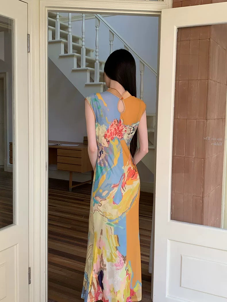 Orange Mix Blue Two Wear Cheongsam CD035 Long Dress (S, M)