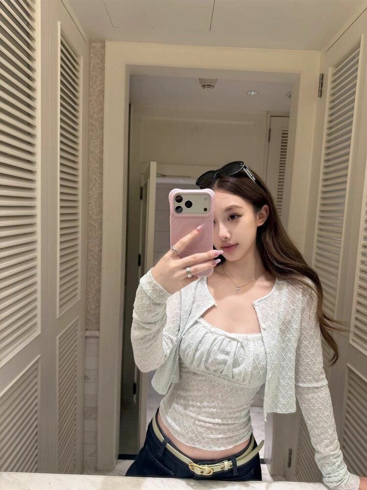 White Bows Top + Crop Cardigan Two Piece Set
