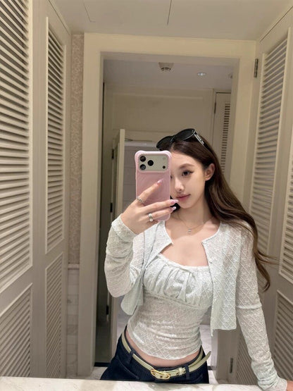White Bows Top + Crop Cardigan Two Piece Set