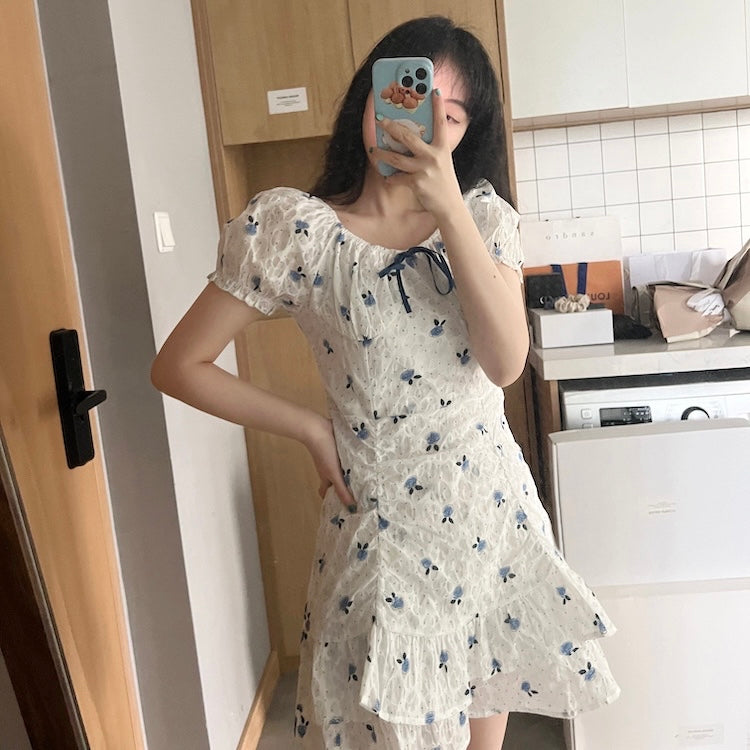 Blue Floral White Dress (S)