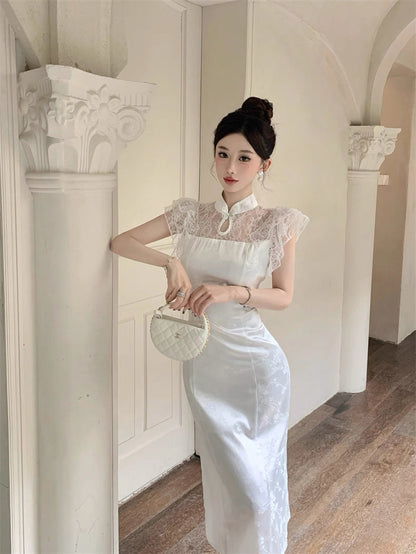 Lace Collar White Cheongsam CD001 Long Dress (S)