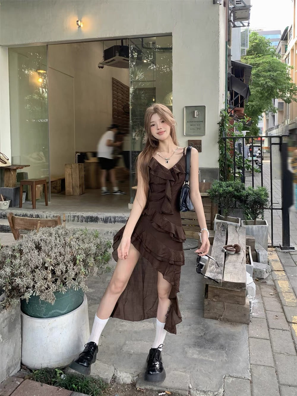 Chocolate Unequal Strap Dress (S)