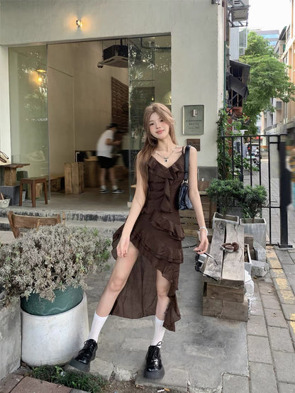 Chocolate Unequal Strap Dress (S)