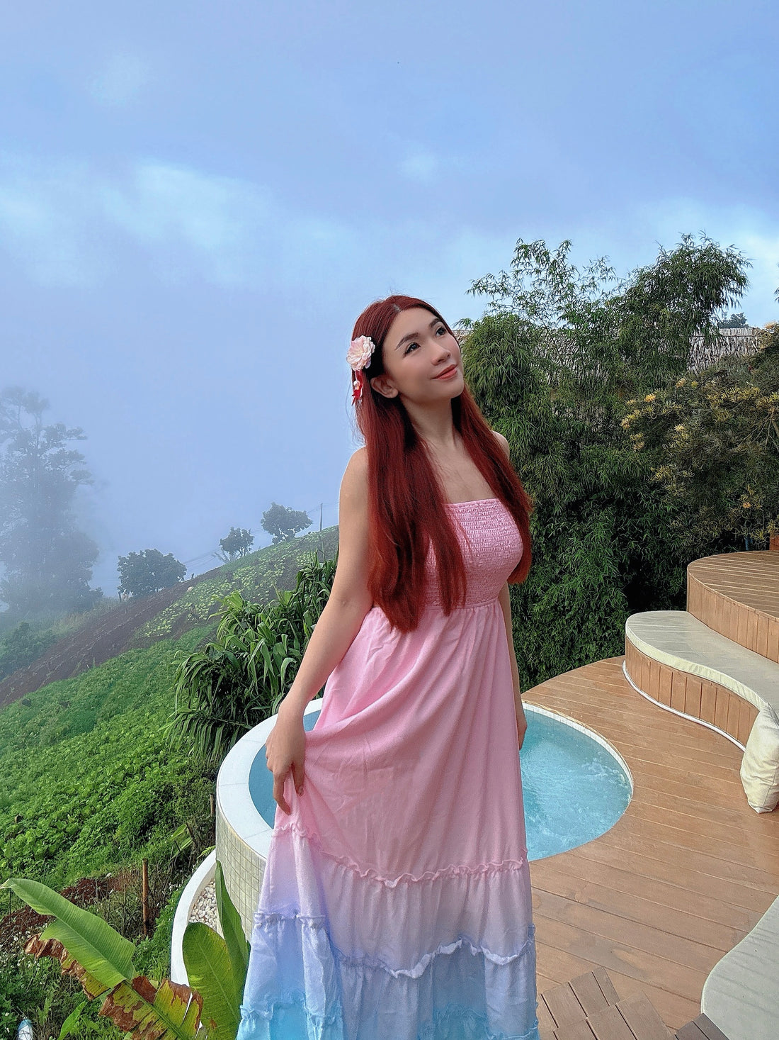 Ombre Pink Bareback Maxi Long Dress