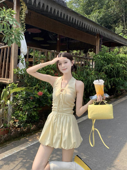 Round Collar Yellow Mini Dress