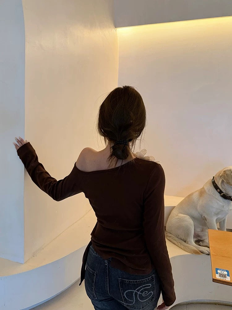 3D Chocolate Rose Off Shoulder Long Sleeve Top