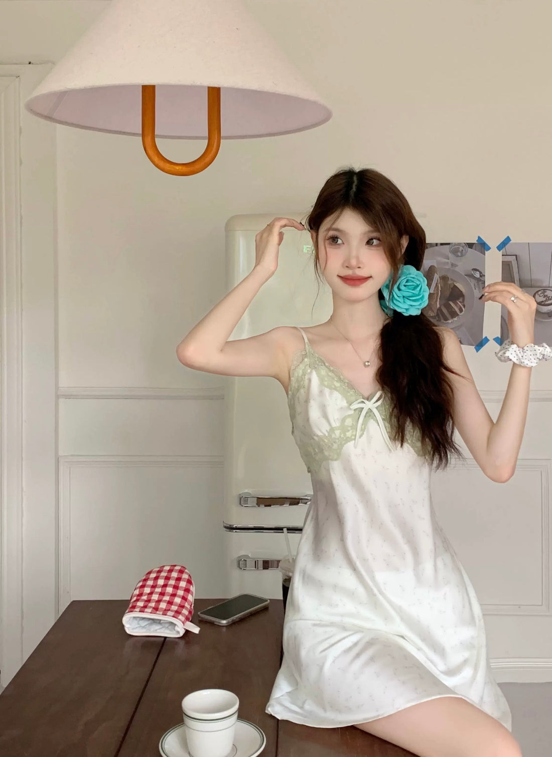 Green Lace Silk Homewear Dress Pyjamas