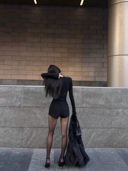 Halter Black Waist Cut Long Sleeve Romper